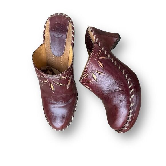 Frye Women's Charlotte Brown Leather Heeled Mule Clogs Size 8.5 boho - Picture 4 of 16